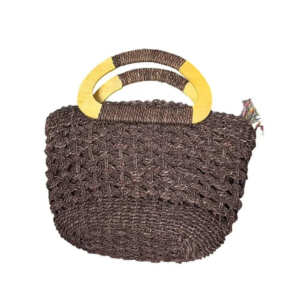 White Stag Brown Macrame Bag with Wooden D Handles
